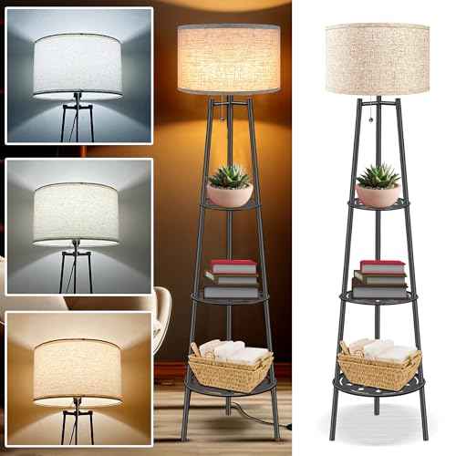 Floor Lamp with Shelves, Modern Standing Lamp with 3 Color Temperature LED Bulbs, Corner Floor Lamps for Living Room & Bedroom, Lamparas Elegantes para Sala (Beige Lampshade, 1)