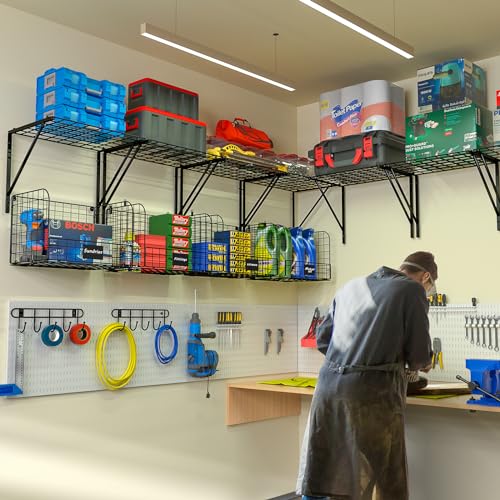 2 Pack Garage Shelves Wall Mounted with Wire baskets, Heavy Duty Garage Wall Shelving with Hooks, Wire Shelf Baskets Tool Organizer for Home Garden Garage Organization and Storage