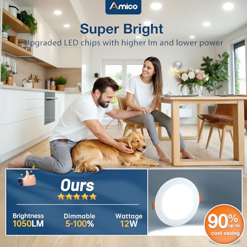 Amico White 6-Inch LED Recessed Light with Junction Box, 5 CCT, 1050LM, Pack of 24