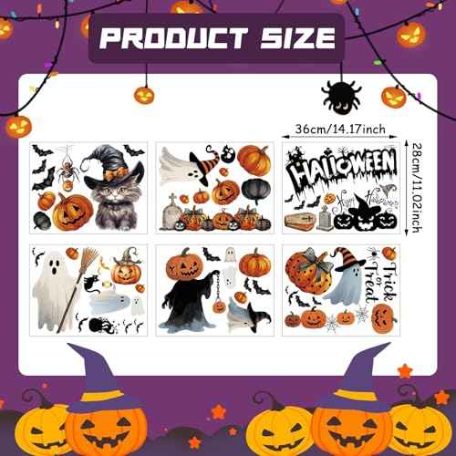 Halloween Wall Stickers and Window Clings 6 Sheets - Removable Peel and Stick Spooky, Bat, Pumpkin, Cat Decals for Home Office Classroom Halloween Decorations