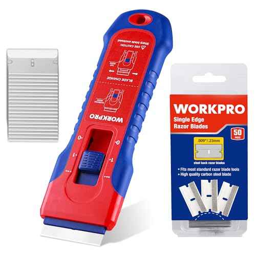 WORKPRO Retractable Razor Blade Scraper with 56 Blades, Built-in Storage Cleaning Scraper Tool for Paint Stickers Adhesive Glass Ceramic Wood