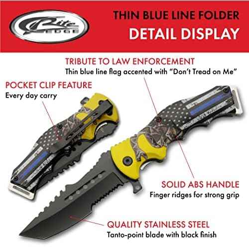 SZCO Supplies 8.5" Assisted Opening Folding Knife - Thin Blue Line EDC Utility Knife with Pocket Clip, Tactical Tanto Blade, Serrated Edge, Law Enforcement Tribute