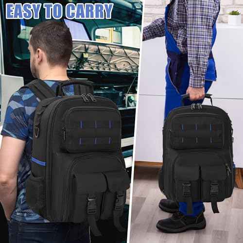 Tool Backpack, Heavy Duty Tool Bag with Padded Shoulder and Removable Tool Organizer, Water-Resistant Work Backpack, for Electrician, Plumber, HVAC, Cable Repairman, Black & Blue