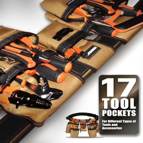 COMOWARE Tool Belt for Electricians & Construction Workers, Adjustable Heavy Duty Work Belt with Magnetic Zone, 17-Pocket Detachable System, Padded 600D Polyester Tool Belt for Men, Coffee Brown