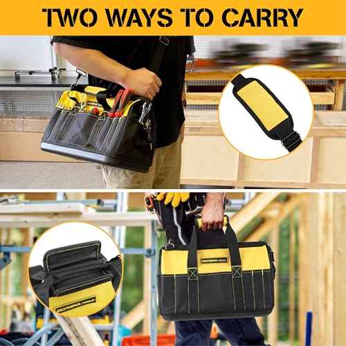 Olympia Tools 16 Inch Wide Mouth Tool Bag, Tool Tote with Water Proof Molded Base, Tool Bags for men with 21 Pockets and 7 Belt Loops, Padded Handle, Adjustable Shoulder Strap