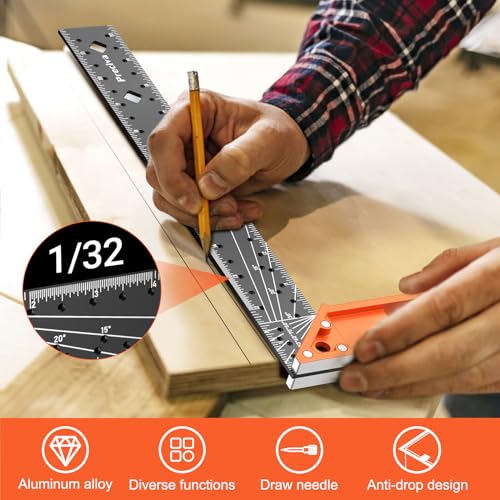 Preciva 12" Right Angle Woodworking Square Ruler with Stainless Steel Blade, Retractable Ledge, 1/16" & 1/32" Notches – Orange 12 in