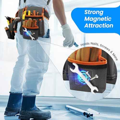 Tool Belt, Professional Tool Belts for Men, Magnetic Tool Pouch With Suspenders, Heavy Duty Detachable Adjustable Utility Belt Work Bags for Electrician, Carpenter (Gray and Orange, 32''-66'')