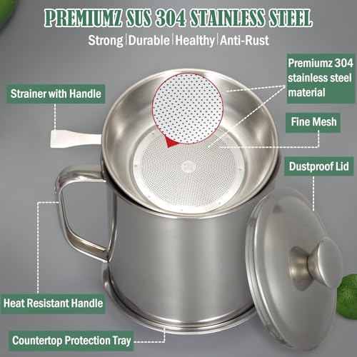 42oz Bacon Grease Container with Strainer and Lid - Tellshun Silver