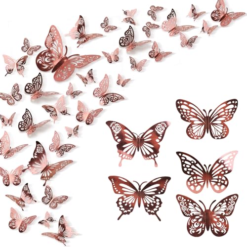 Anwyll 3D Butterfly Wall Decor,Rose Gold Butterfly Decoration Stickers 60Pcs 5Style 3Size,Removable Butterfly Room Decor Birthday Party Decoration Baby Shower Decoration Wedding Decor for Cake Flower