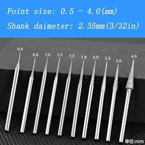 Luo ke 10 Pcs Tapered iamond Burr - 3/32'' Shank Cone Shape Diamond Burs Stone Carving Bits for Rotary Tools includes Dremel (D Type)