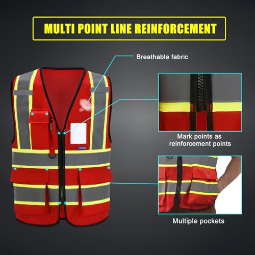 AYKRM Security Vest for Men Women 7 Pockets High Visibility Reflective Safety Vest Front Zipper Meets ANSI/ISEA