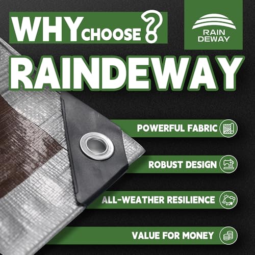 RAINDEWAY Heavy Duty Waterproof Tarp 10x12 Feet, 10 Mil Silver or Brown Finish