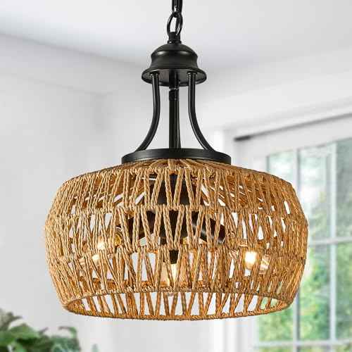 Chandeliers for Dining Room, 3-Light Boho Chandelier with Wicker Lampshade, Adjustable Height Coastal Chandeliers, Vintage Pendant Lighting for Kitchen, Bedroom.(Brown)