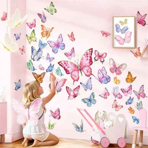 decalmile Pink Butterfly Wall Stickers Colorful Watercolor Butterflies Wall Decals Baby Nursery Bedroom Girls Room Home Decor