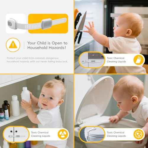 Child Proof Cabinet Locks, 6 Pack Cabinet Locks with 3M Adhesive, Door Locks for Kids Safety for Drawers, Fridge, Toilet Seat, Trash Can, Ideal Stocking Stuffers, White