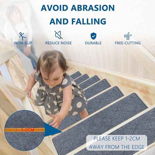 Stair Treads for Wooden Steps Indoor, 15 Pack 8" X 30" Non Slip Carpet Stair Treads with Reusable Adhesive for Kids Elders and Dogs, Surface Polyester TPR Backing Stair Runner Rugs, Dark Grey