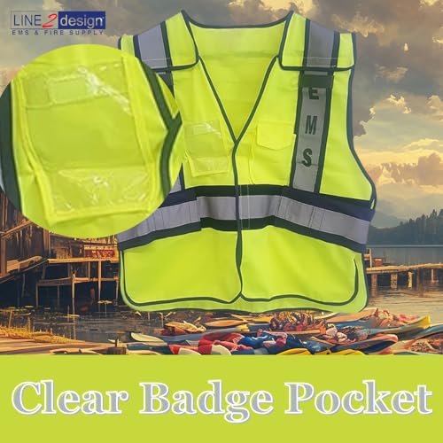LINE2design High Visibility Front Pocket Safety Vest With Reflective Strips & EMS ANSI Polyester Fabric Yellow with Navy Trim, S-XXL, Average Size is Large