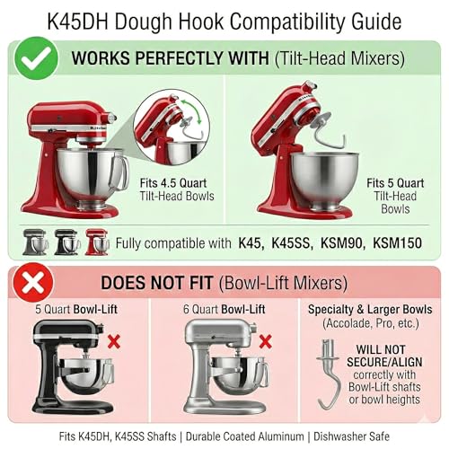 MEET JUICE K45DH Coated C-Shaped Dough Hook for KitchenAid Tilt-Head Mixers, 4.5–5 Qt Bowls