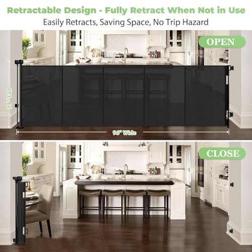 96-Inch Wide Reinforced Retractable Baby Gate, Black, 33" Tall, Space-Saving