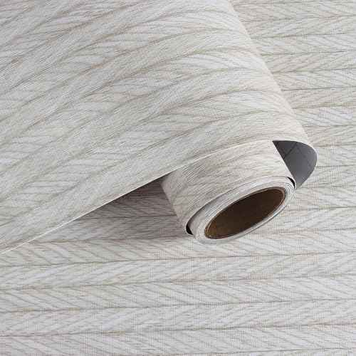 VaryPaper Light Grey Striped Grasscloth Peel and Stick Wallpaper Fabric Wallpaper Waterproof Self Adhesive Removable Herringbone Grass Cloth Contact Paper for Cabinet Bedroom Accent Wall 15.7''x78.7''