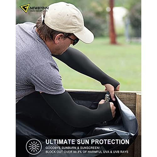 Newbyinn UV Sun Protection Arm Sleeves with Thumb Hole for Men Women Youth, Cooling Sleeve to Cover Tattoo, Mid-Compression