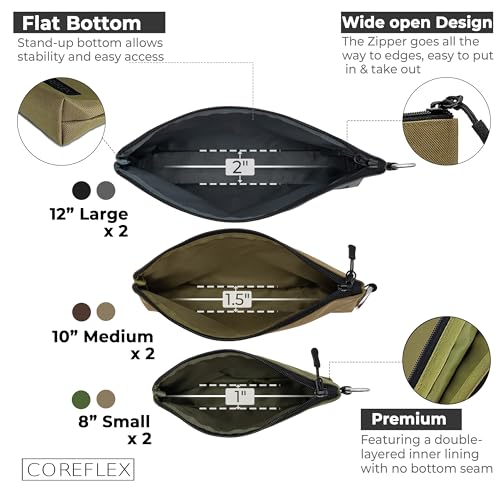 COREFLEX 6 Pack Small & Medium Tool Pouches with YKK Zippers - Heavy Duty Canvas Organizer, Multipurpose Storage Bags, Khaki