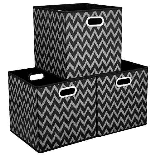 Foldable Cube Storage Boxes 13x13x 13 in Fabric Storage Cubes Bins Black Cube Inserts Storage Chevron Printed Cloth Storage Basketes Folding Drawer for Organizers Shelf Closet,QY-SC03-3