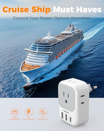 TESSAN Type C European Travel Plug Adapter with USB-C & USB A Ports - White Gray