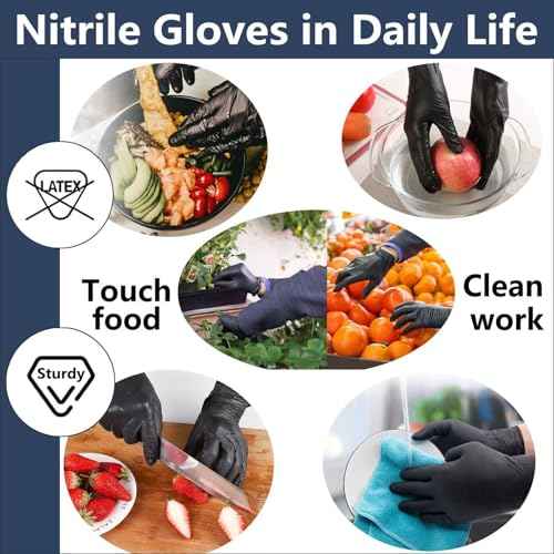 Edith qi Black Nitrile Disposable Gloves Pack of 100, Food Safe, Textured Fingertips, Powder Free Latex Free, Medical Exam Gloves, Medium