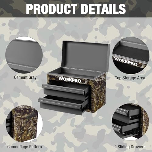 WORKPRO Camouflage Mini Tool Box with 2 Drawers & Top Storage - Green Camo