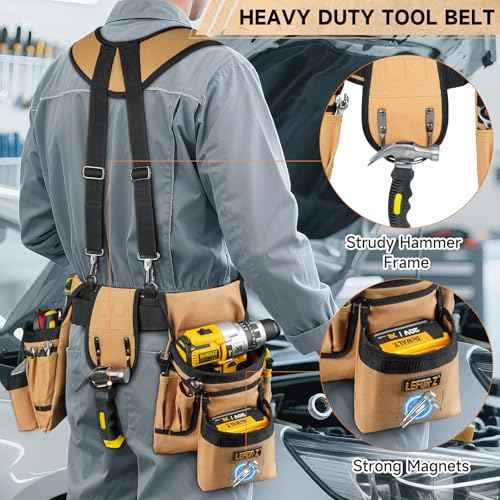Tool Belt with Suspenders,27-Pockets Heavy Duty Tool Belts for Men with Magnetic Tool Pouch,Detachable & Adjustable Work Belt Bag for Electrician,Carpenter,Construction,Utility Toolbelt,Black,Brown
