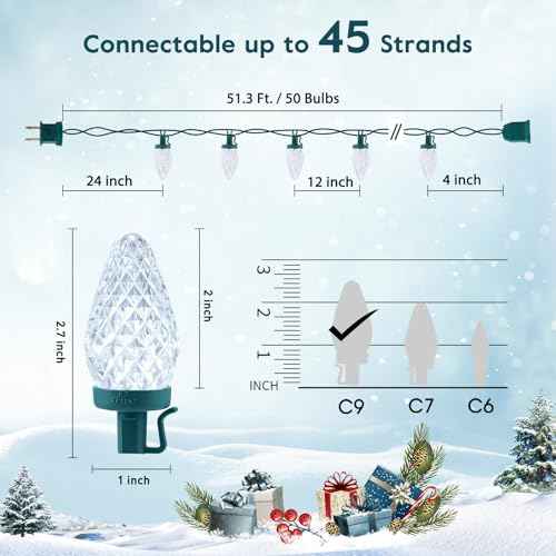 C9 LED Christmas Lights Outdoor with 50 Spring Clips, 50ft 50 LED Waterproof Strawberry String Lights, Commercial Grade Extendable Perfect for Roofline Patio House Xmas Decor, Pure White