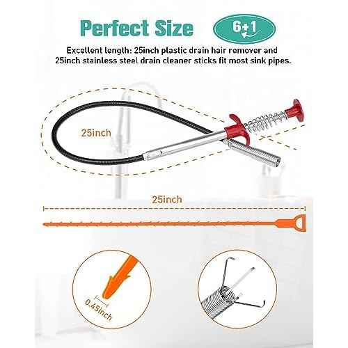 7 Pack Drain Cleaner - 25inch Hair Clog Remover Tool, Sticks To Drain Hair, Sink Snake for Shower, Kitchen Sink, Bath Tub, Bathroom