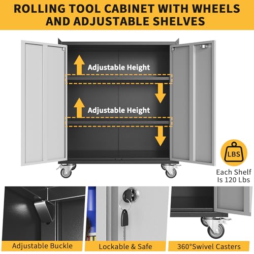 Curtainboro 30" Rolling Metal Storage Cabinet with Lock – Grey Doors, Adjustable Shelves, Assembly Required (Transitional)