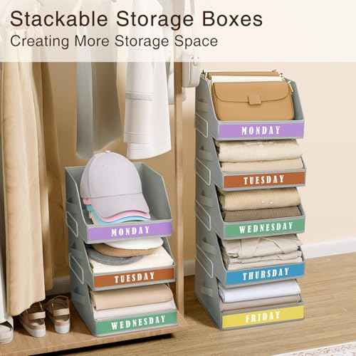 Closet Organizers and Storage - 5 Tier Shelf Organizer wiht Weekly Labels, Stackable Storage Bins with Metal Frame, Foldable Cube Bins, Home Baskets for Kids and Adults, Grey