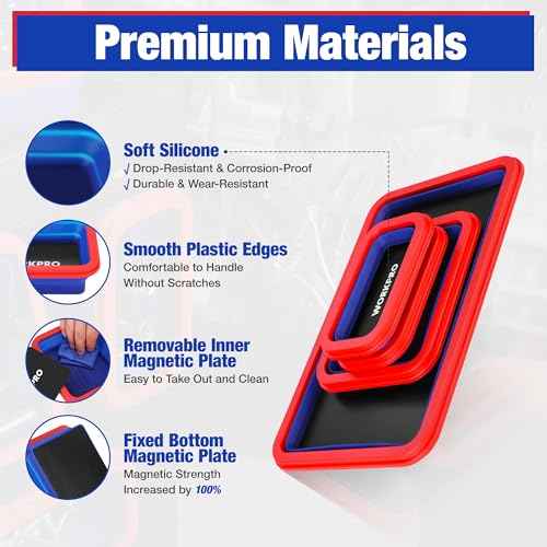 WORKPRO 4PC Collapsible Magnetic Parts Tray Set, Double-Sided Magnet Bowl for Screws, Nuts, Pins, Foldable Bolt Tray for Garage, Maintenance, Silicone Mechanic Tools Gift for Man, 11 Inch & 6.3 Inch
