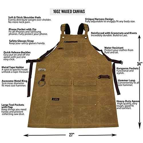 ecoZen Lifestyle Woodworking Apron for Men - Heavy Duty Waxed Canvas Carpenter Apron - For Workshop, Fully Adjustable S-XXXL