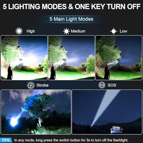 Banral Rechargeable Tactical Flashlights High Lumens - 5000mAh Super Bright LED Powerful Flash Light, Waterproof Handheld USB C Flashlight for Home,Car,Camping,Emergencies,5 Modes,Zoomable (1, Black)