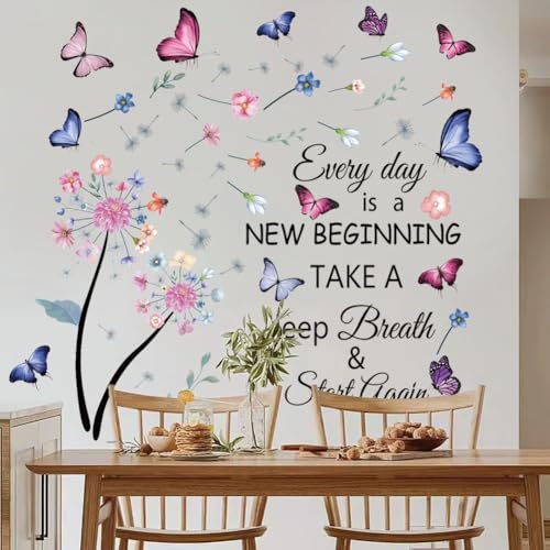 Flowers Wall Decals Removable Dandelion Wall Stickers Inspirational Quotes Flying Butterfly Wall Stickers Murals Self-Adhesive Peel and Stick Colorful Flower Wall Decor for Girls Bedroom Living Room