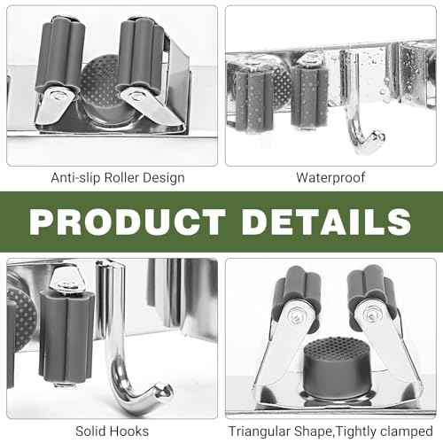 Broom Holder Wall Mount, Broom Organizer Wall Mount Stainless Steel Broom and Mop Hanger Heavy Duty Storage Organization for Home Kitchen Garden Garage Room 5 Racks 4 Hooks (1Pack)(Black Racks)