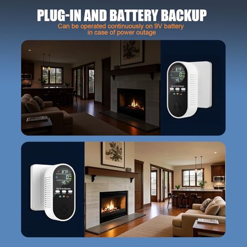 5-in-1 Upgraded Gas & Carbon Monoxide Detectors Plug in, Combination Natural Gas Detector and Co Detector with Temperature & Humidity and Sound, Brightness Control, Built-in 9V Battery (Not Included)