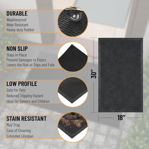 Ottomanson Waterproof Rubber Doormat - Heavy-Duty Non-Slip Entry Rug 18x30 in Black
