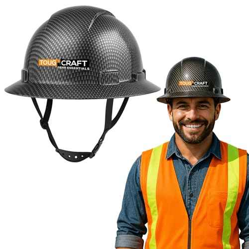 ToughCraft Full Brim Hard Hat for Men - Black Carbon Fiber Hard hat for Construction Work, Safety Helmet with Soft Padded 6 Point Adjustable Ratchet Suspension, Cascos de Construccion, Type I Class C