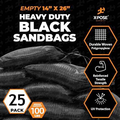 Xpose Safety Heavy Duty Sand Bags with Tie Strings ? Empty Woven Polypropylene Sandbags for Hurricane Flood Protection, 100 lb Capacity, 14" x 26", Black, Pack of 25