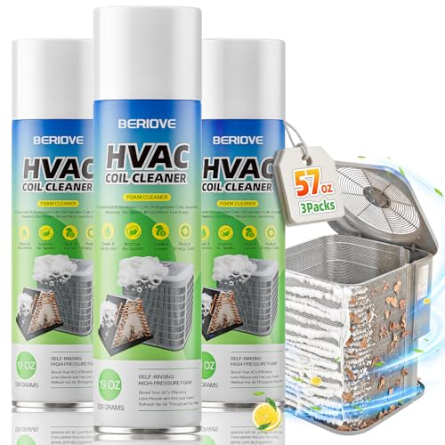 BERlOVE 57oz Pack of 3 Foaming AC Coil Cleaner for Evaporators & Condensers - No-Rinse, Deep Cleaning