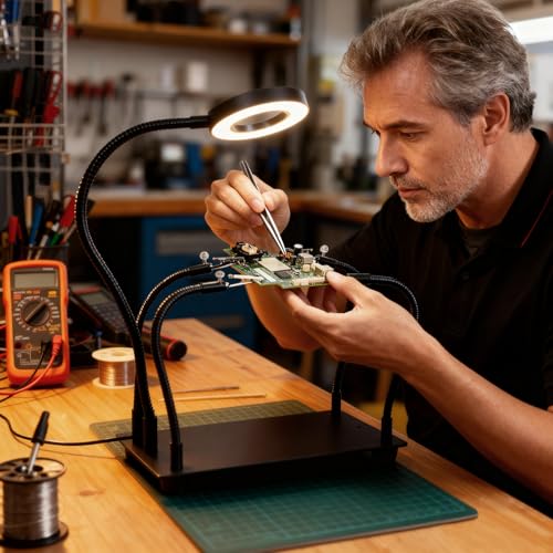 Helping Hands Soldering Station with 5X Magnifying Glass and Light, ELMCONFIG PCB Soldering Holder Metal Circuit Board Holder with 4 Flexible Metal Arms for Soldering, Assembly, Repair