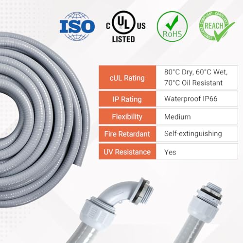 Neorexon 1/2 Inch 25ft Liquid-Tight Conduit Kit UL Certified Flexible PVC