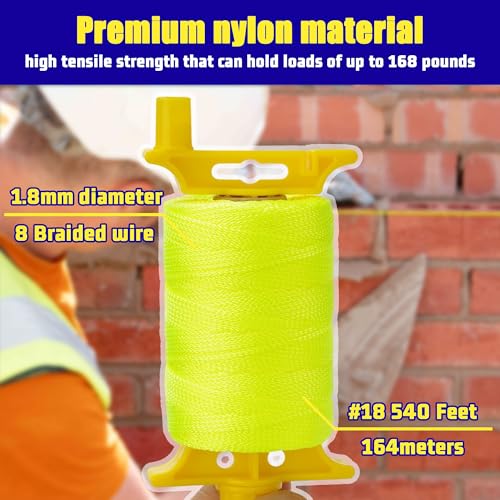 #18 Mason Line String, 540 Feet Braided Nylon Twine with 5 Built-in Levels, High-Visibility String Line for Construction, Gardening, DIY, and Outdoor Projects (Fluorescent Yellow)