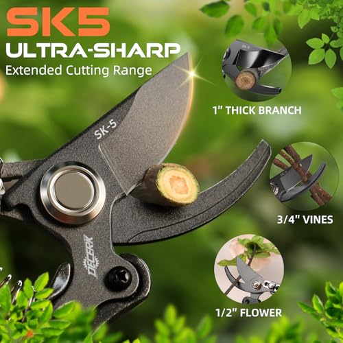 Decerk 8.5-Inch Professional Pruning Shears Black Orange | Sharp, Durable Garden Clippers for Branches Up to 3/4"