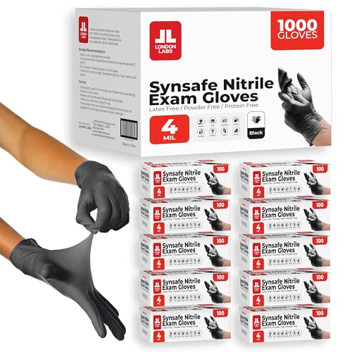 London Labs Synsafe 4 Mil Black Nitrile Exam Gloves 1000 Count Large - Disposable Latex & Powder Free Safety Gloves